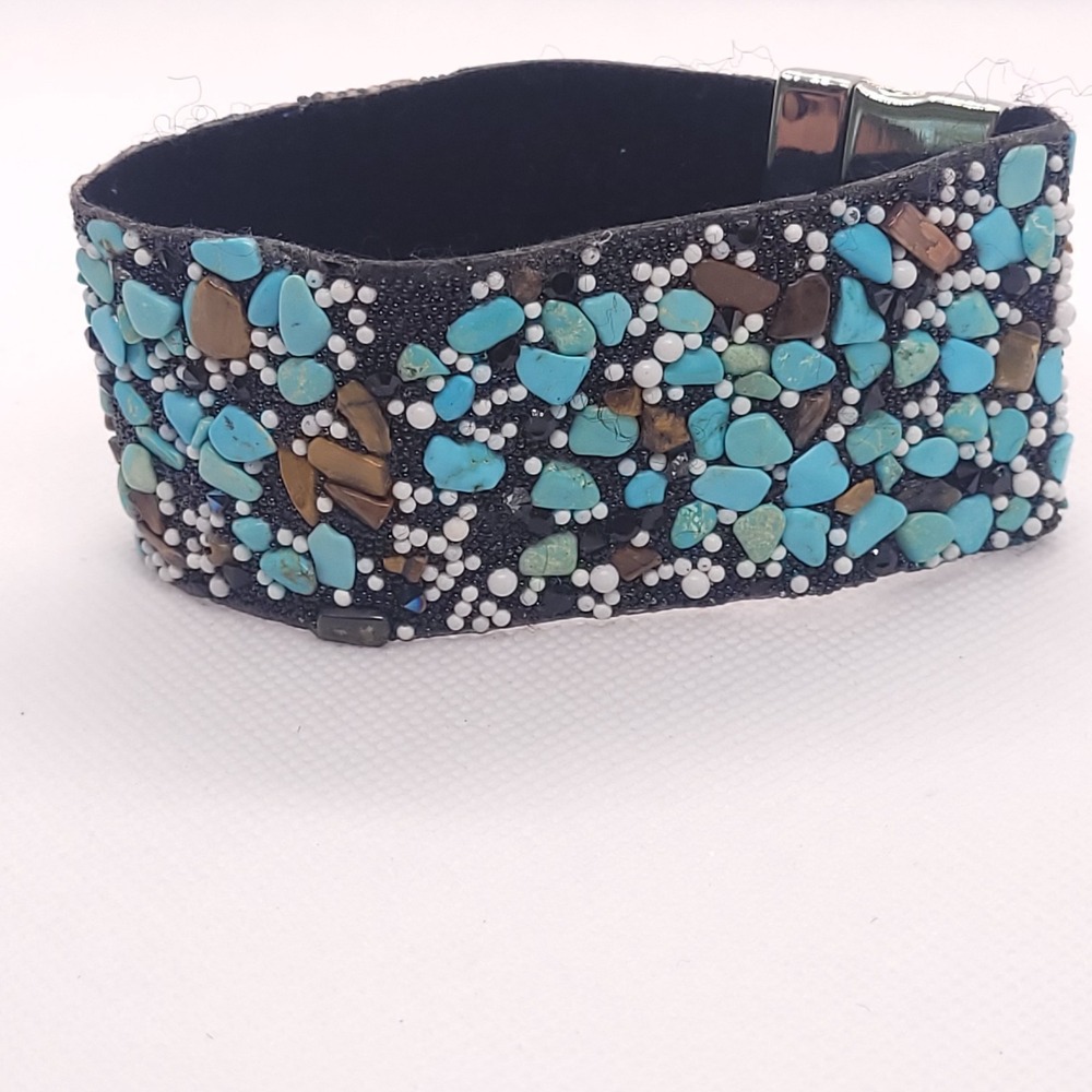 Turquoise Chip Wide Cuff Bracelet Magnetic Closure Mosaic Statement Boho